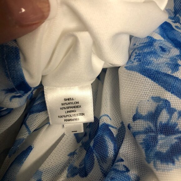 Vicky Tiel Ruched Floral Dress Womens Size Medium Blue White Sweetheart Cocktail - Picture 7 of 10